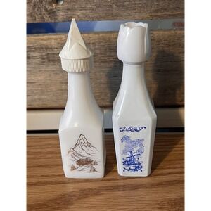 2 White Milk Glass Liqour  Bottles Miniature Matterhorn Alps Scene Collectible